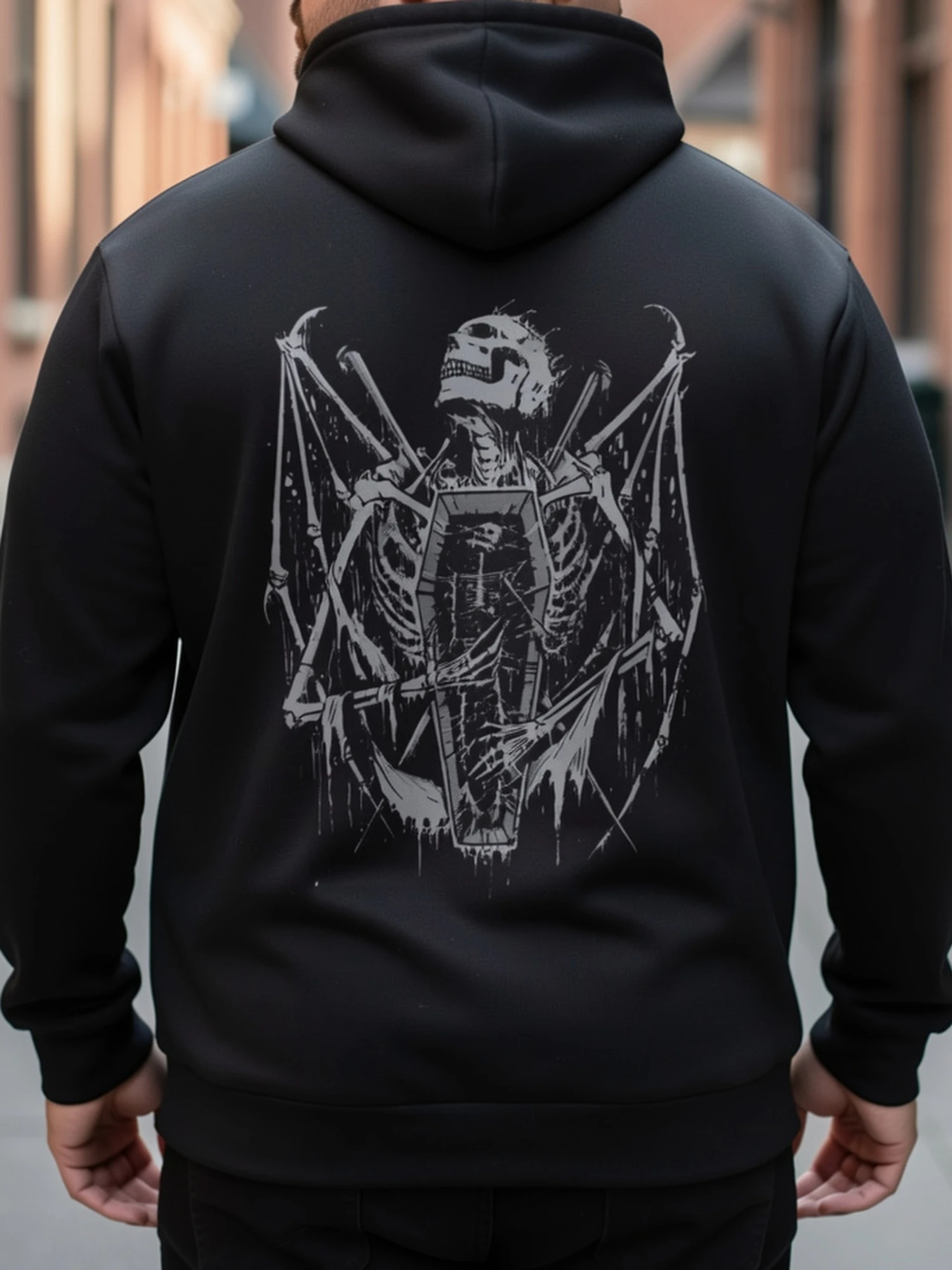 Men's winter and autumn hooded sweatshirt with skull coffin wings print. Casual gothic streetwear for daily relaxed swag outfit.
