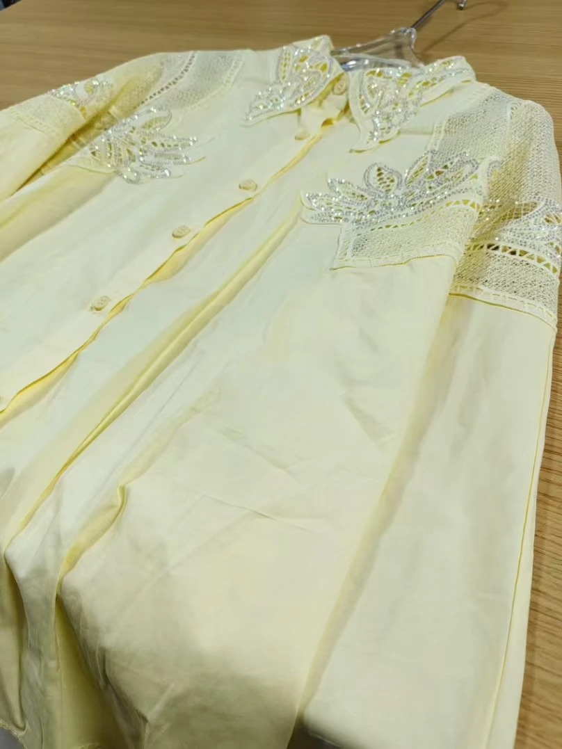 Novo em brilho lantejoulas oco para fora bordado camisas de algodão blusas para mulheres manga longa solta casual outwear topos blusas