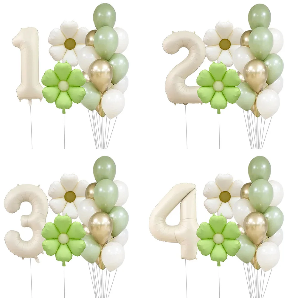 

16pcs Cream White Green Daisy Foil Balloons Set with 32inch Number Ballon for Happy Birthday Annerversay Baby Shower Party Decor