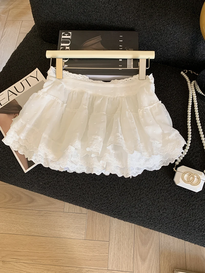 ホワイトレーストリムハイウエストaラインミニスカート女性の夏の新しいバレエスタイルアンチライトフレアショートスカート韓国スタイル通勤