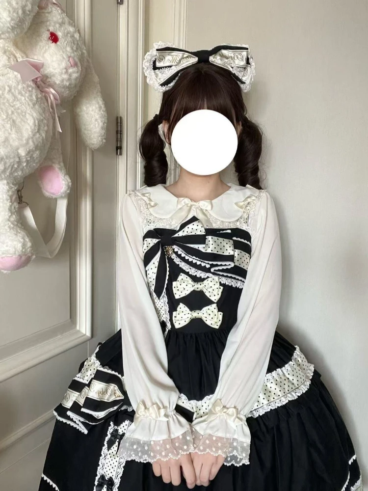 달콤한 로리타 느슨한 레이스 보우 긴 소매 쉬폰 셔츠 여성 일본 카와이 러블리 패치 워크 티셔츠 패션 예쁜 옷