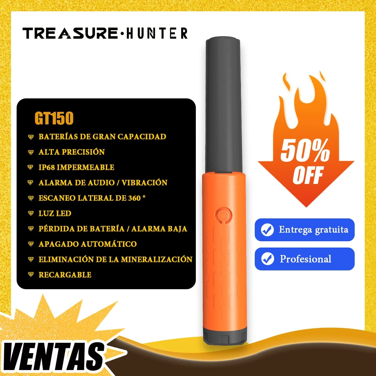 Detector de Metales de Mano Detector de Metales GT150 Impermeable IP68 Metal Detector de Oro Tester