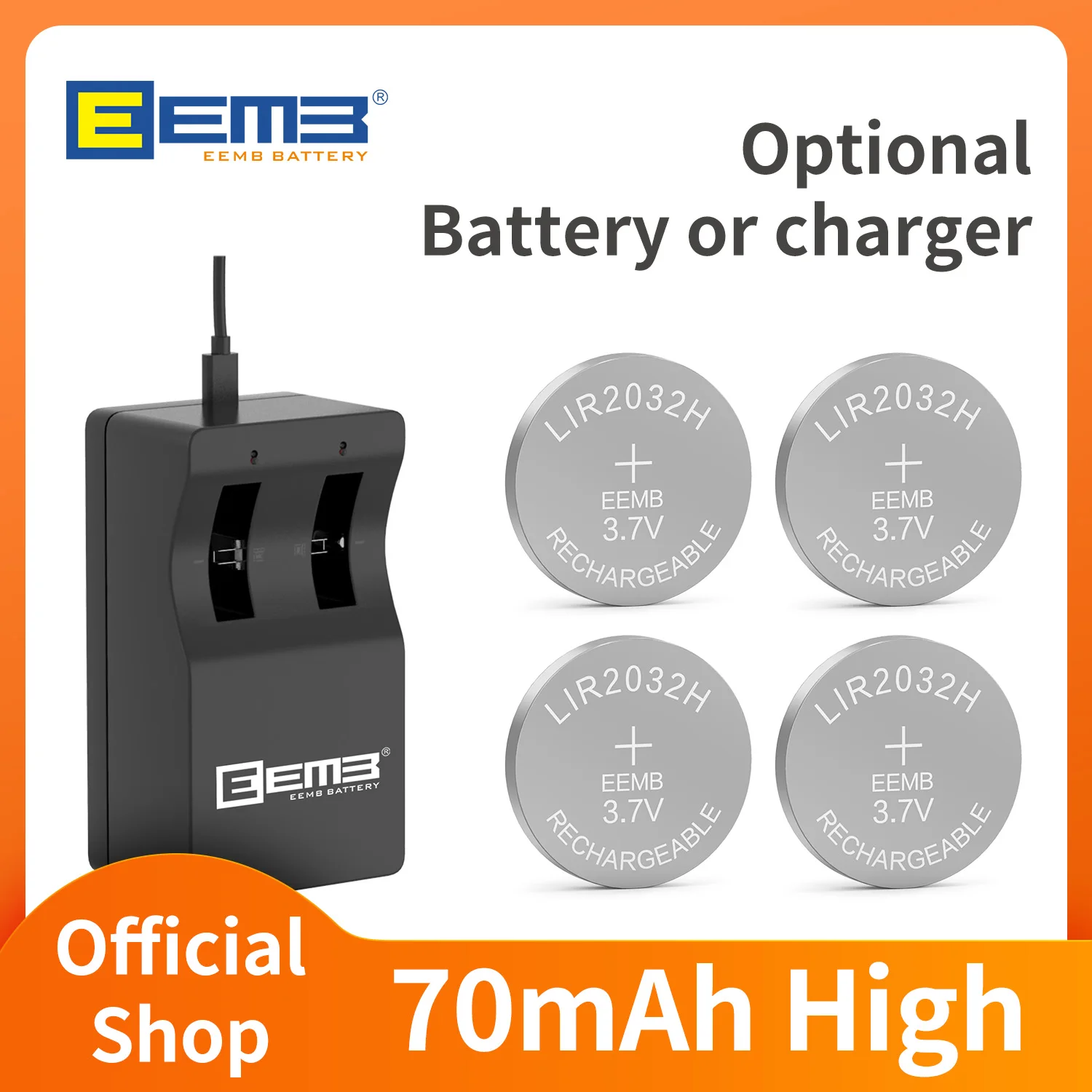 Batteria a bottone EEMB LIR2032H 70mAh con caricabatterie (opzionale) 2032 batterie ricaricabili da 3,7 V batterie a bottone al litio per chiavi