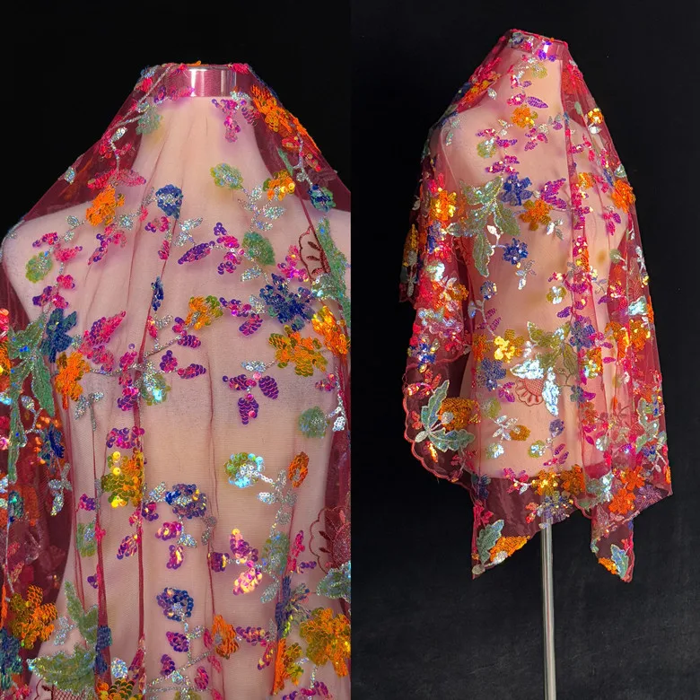 

1yard Colorful crystal sequin embroidery red Mesh fabric Dress designer fabric for sewing