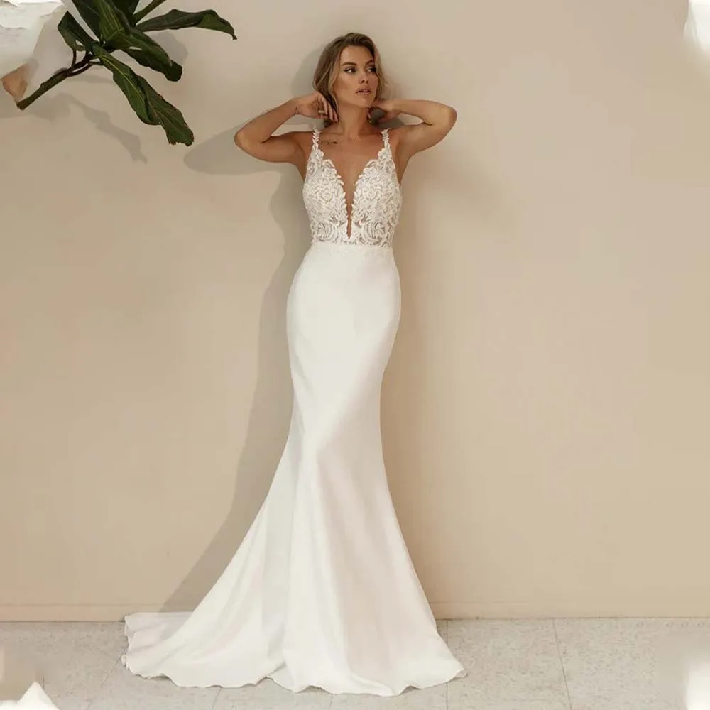 

Sexy Spaghetti Straps V-neck Lace Applique Sheath/Mermaid Wedding Dresses Backless Bridal Grown 2024 Rode De Morrie