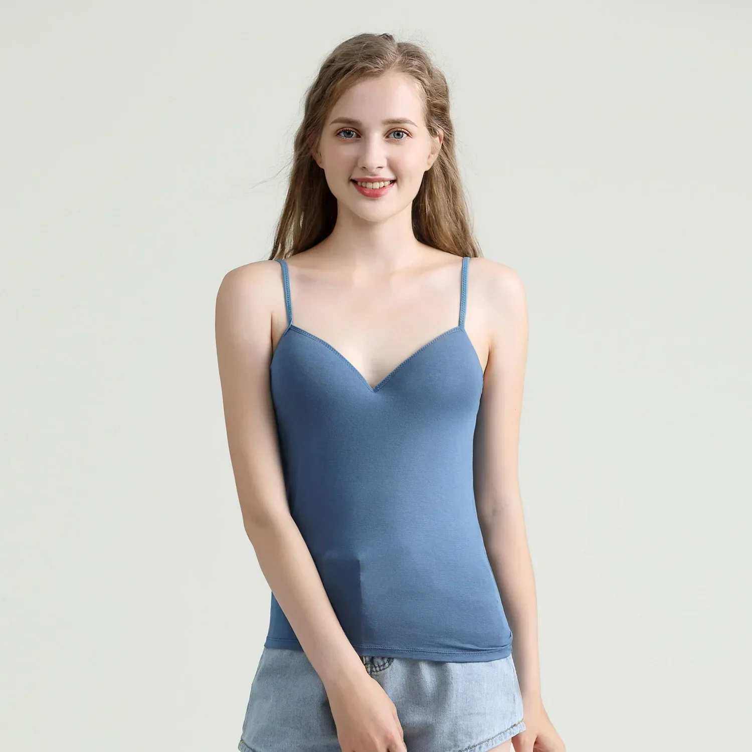 New Women V Neck Modal Soft Spaghetti Camisole Push Up Padded Wirefree Tank Top Sleeveless Sweet All-matching Casual Sport Vest