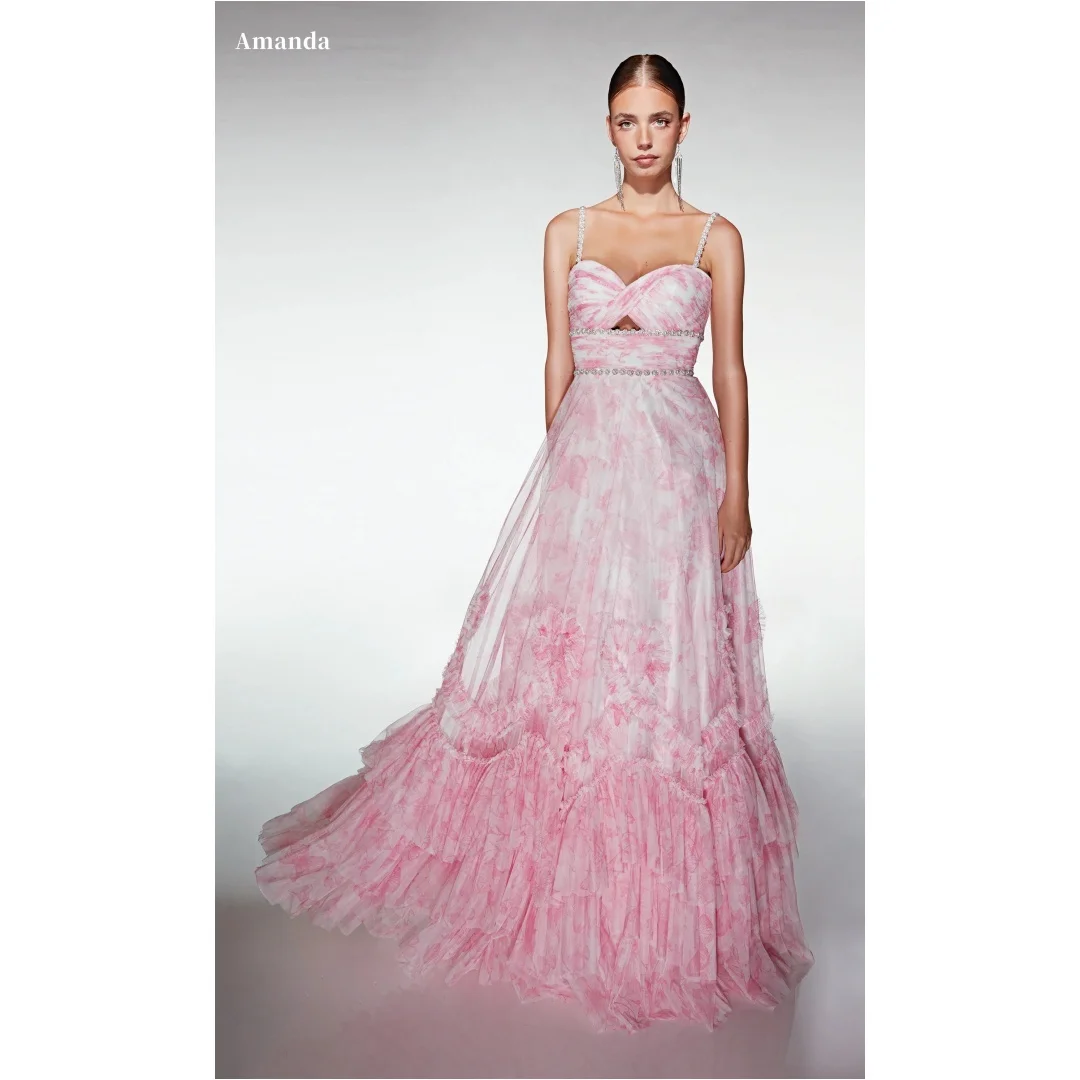 

Amanda Customized Pink White Tie-Dye Prom Dress Beaded Strap Cross Bust vestidos de noche Rhinestone Belt Tiered Tulle Formal