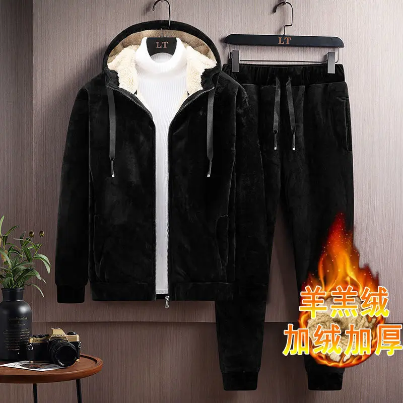 

Men's Fashion Plus Fleece Thickened Warm Pure Cotton Hooded Sportwear Suit Man Casual Tracksuits New Autumn Winter Men Sets