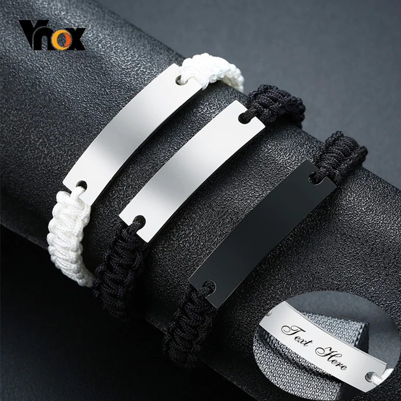 Vnox Men Bracelets with Personalized Custom Name Date Initial Quote Engraving Length Adjustable Rope Cord Unisex Jewelry