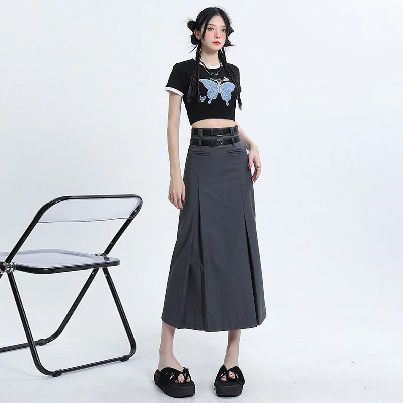 Fashion Casual Grey Suit A-Line Skirt Women 2024 Autumn High-Waisted Slimming Double Belt Temperament Midi Skirt Simplicity Tide