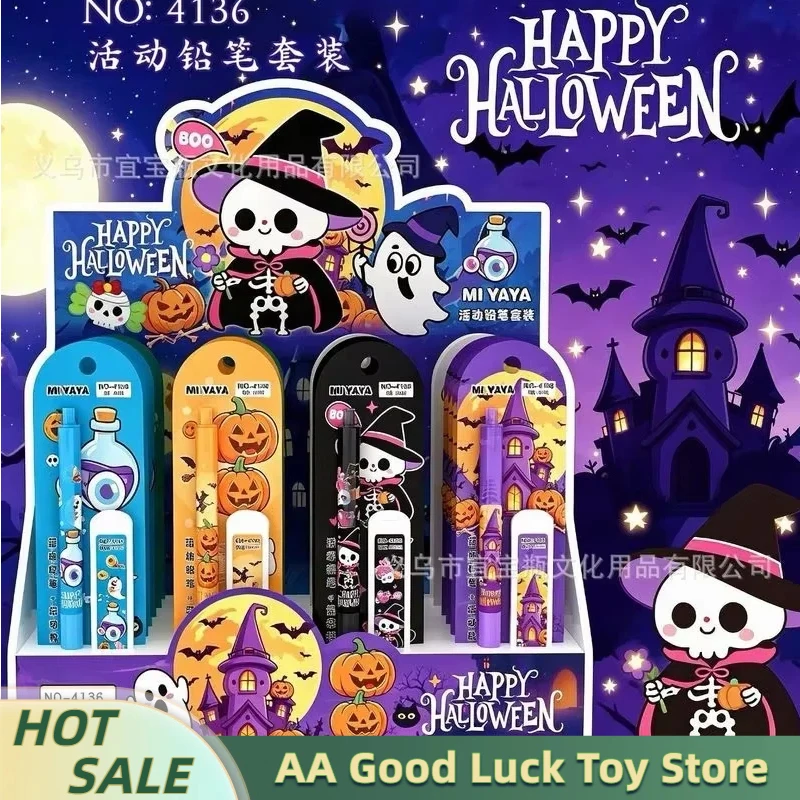24pcs Halloween Mechanical Pencil Set 0.5mm Stationery Refill Not Easy To Break Lead Automatic Pencil Cute Skull Ghost Pumpkin