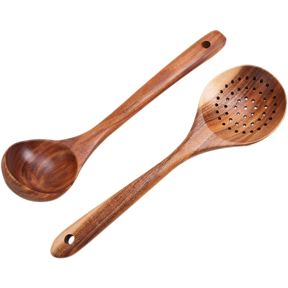 

2pcs Wooden Slotted Spoons Kitchen Serving Utensils For Home Restaurant Use Ergonomic Handle Portable Reusable