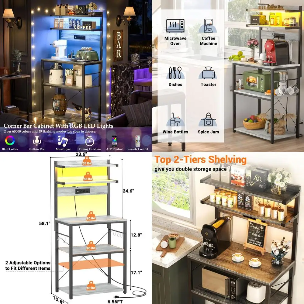 Estante de Cocina de Roble de 5 Niveles con Enchufe, Barra de Café con Iluminación LED, y Ganchos en S para Especias, Ollas y Sartenes