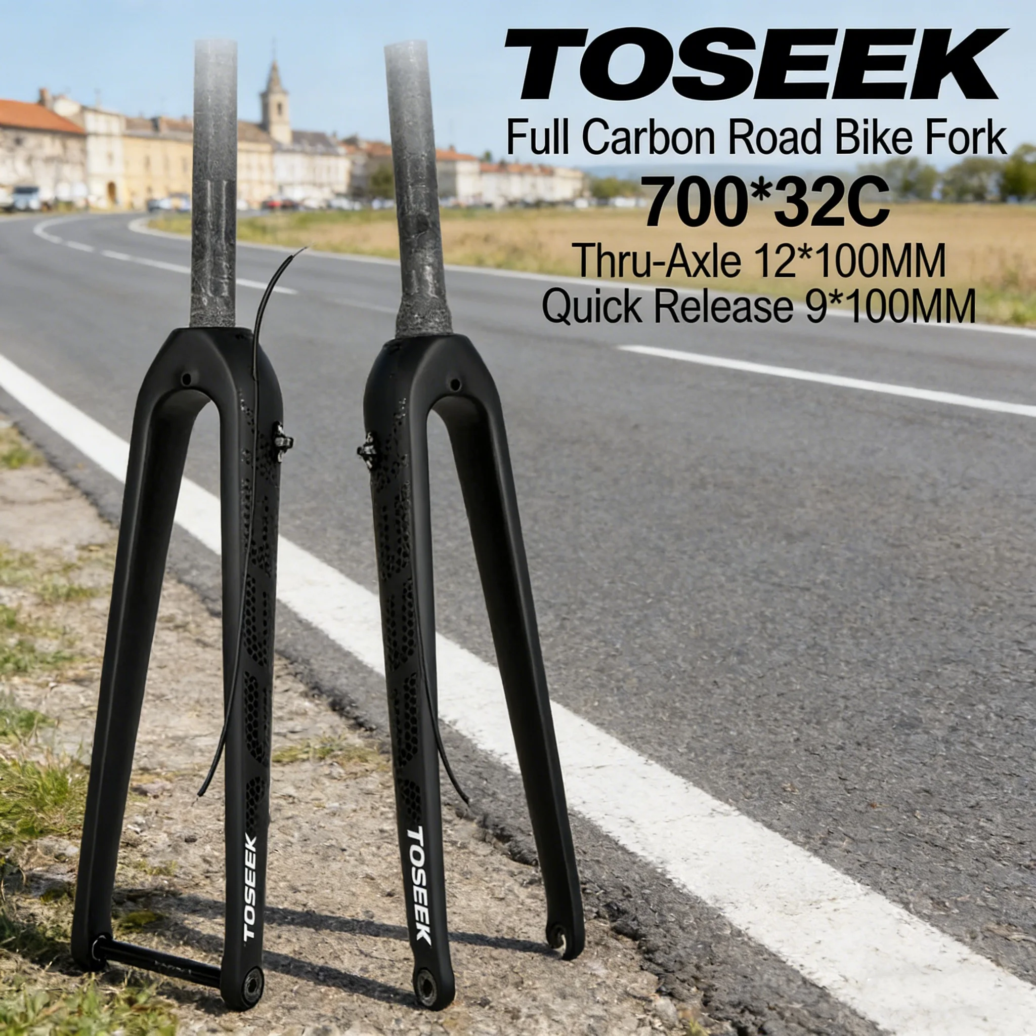 

TOSEEK Road Bike Carbon Fiber Front Fork 32C Internal Cable Thru-axle/quick Release Straight Tube Spinal Tube Carbon Hard Fork