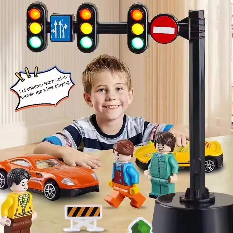 Safety Education Traffic Light Toy Lamp Block Brick City Street View Accessories Signpost Barrier Speed Limit Indicator Warning