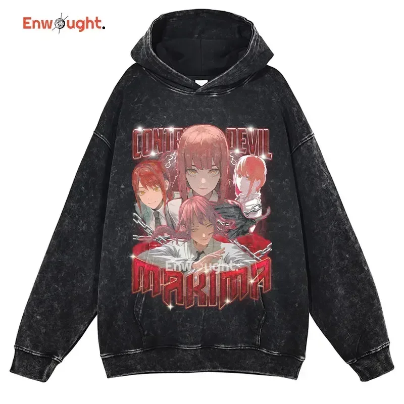 Makima Denji Power Aki Hoodie Vintage Washed Anime Manga Hooded Sweatshirts Oversized Chainsaw Demon Hoodies Men 100% Cotton