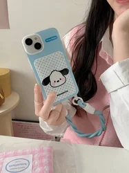 Cute Sanrio Wave Point Pochacco Card Pocket Phone Case For iPhone 15 14 13 12 11 Pro Max Soft TPU Back Cover Bule lanyard