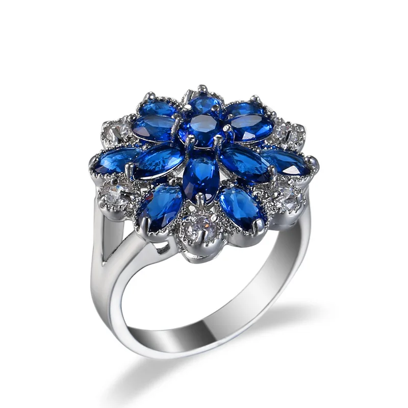 New Female Jewelry Silver Color Hollow-out Blue Flower Big Zircon Stone Ring For Women Bridal Wedding Band Ring Bijoux