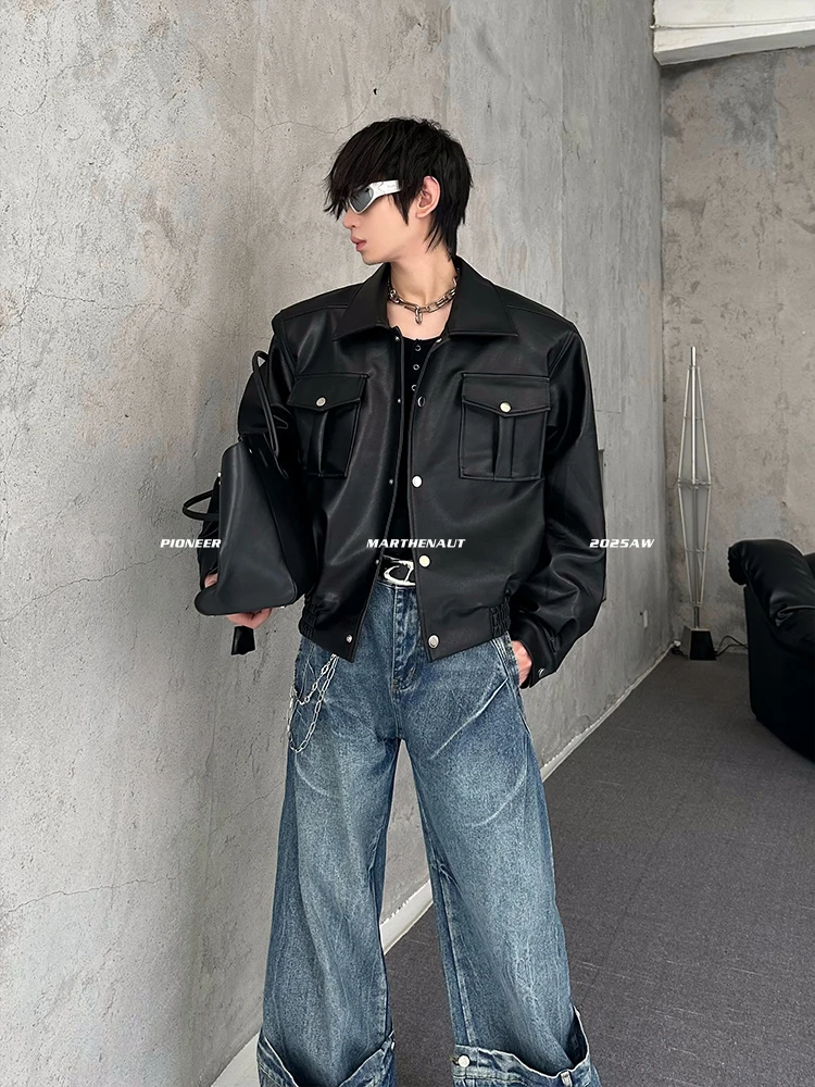 MARTHENAUT Men's Short Leather Jacket Loose Fit Youthful Style Autumn Fashion Deconstructed Shape Casual Outerwear