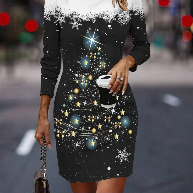 Christmas Style New Women's Dress Outdoor Christmas Outing Round Neck Print Christmas Tree Snowflake Loose Long Skirt Mini Skirt