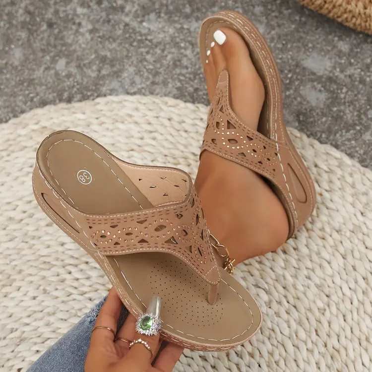 Frauen Keil Plattform Flip-Flops Damen Slide Slip auf Tanga Sandalen Sommer Strand Hausschuhe Atmungsaktive Weiche Unterseite Walking Hausschuhe – Detail 21