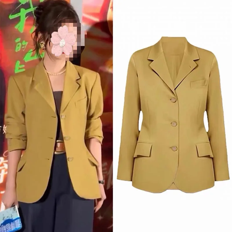 

Новый женский желтый приталенный блейзер: элегантный офисный пиджак для деловых встреч, однотонный, высококачественный, повседневный, модный, стильный, женский костюмный пиджак