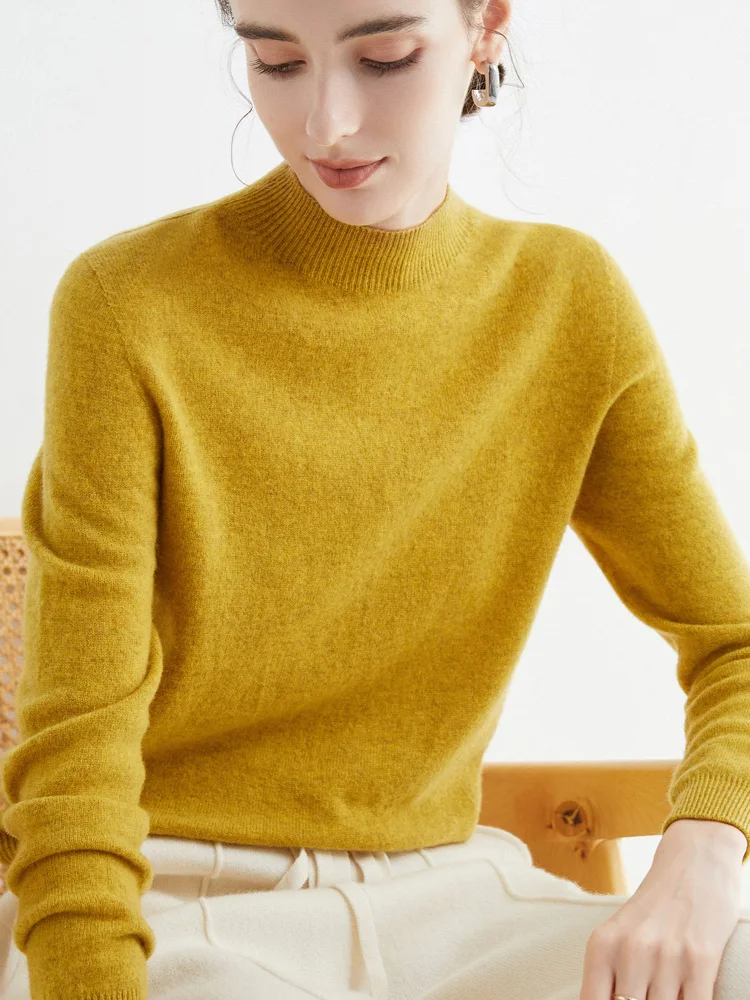 New Autumn Winter 100% Pure Merino Wool Pullover High Quality Sweater Mock-Neck Cashmere Knitwear Women Clothing Basic Top