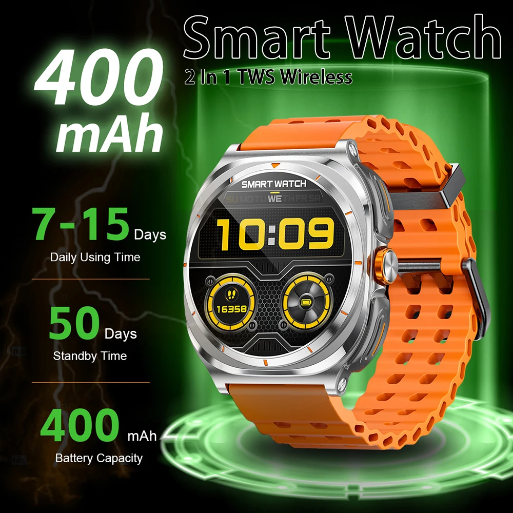 

2025 Popular Wireless Bluetooth watch Men water proof TWS Earphones Dual Earphones Call Health Monitor Sports Music Smartwatch