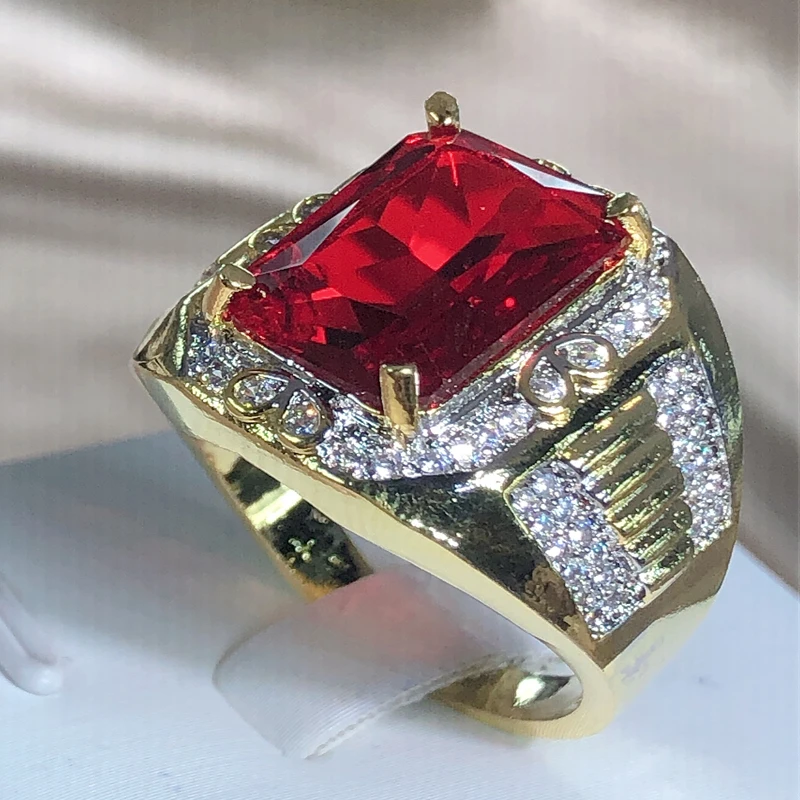 Vintage King ring Gold Filled AAAAA CZ Red Zircon Luxury Engagement Jewelry Wedding Rings For Men Rock Party Finger Ring