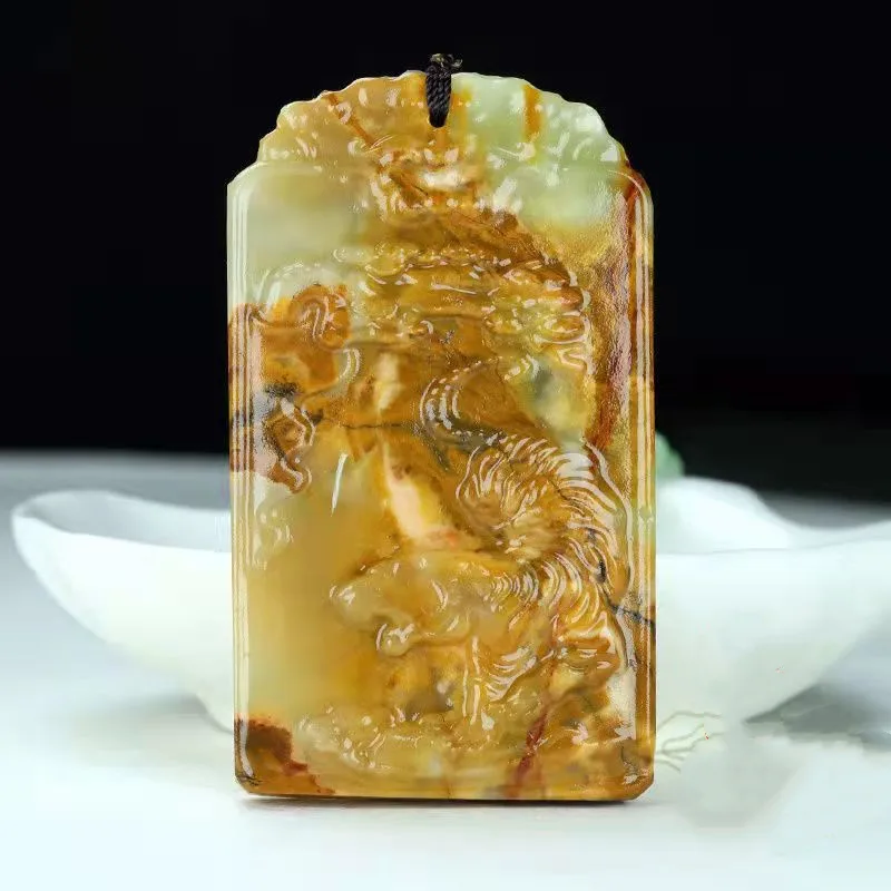 

Natural Yellow Dragon Jade Tiger Pendant Handmade Meticulous Carved Lifelike Necklace Accessories Amulet Lucky Jewelry