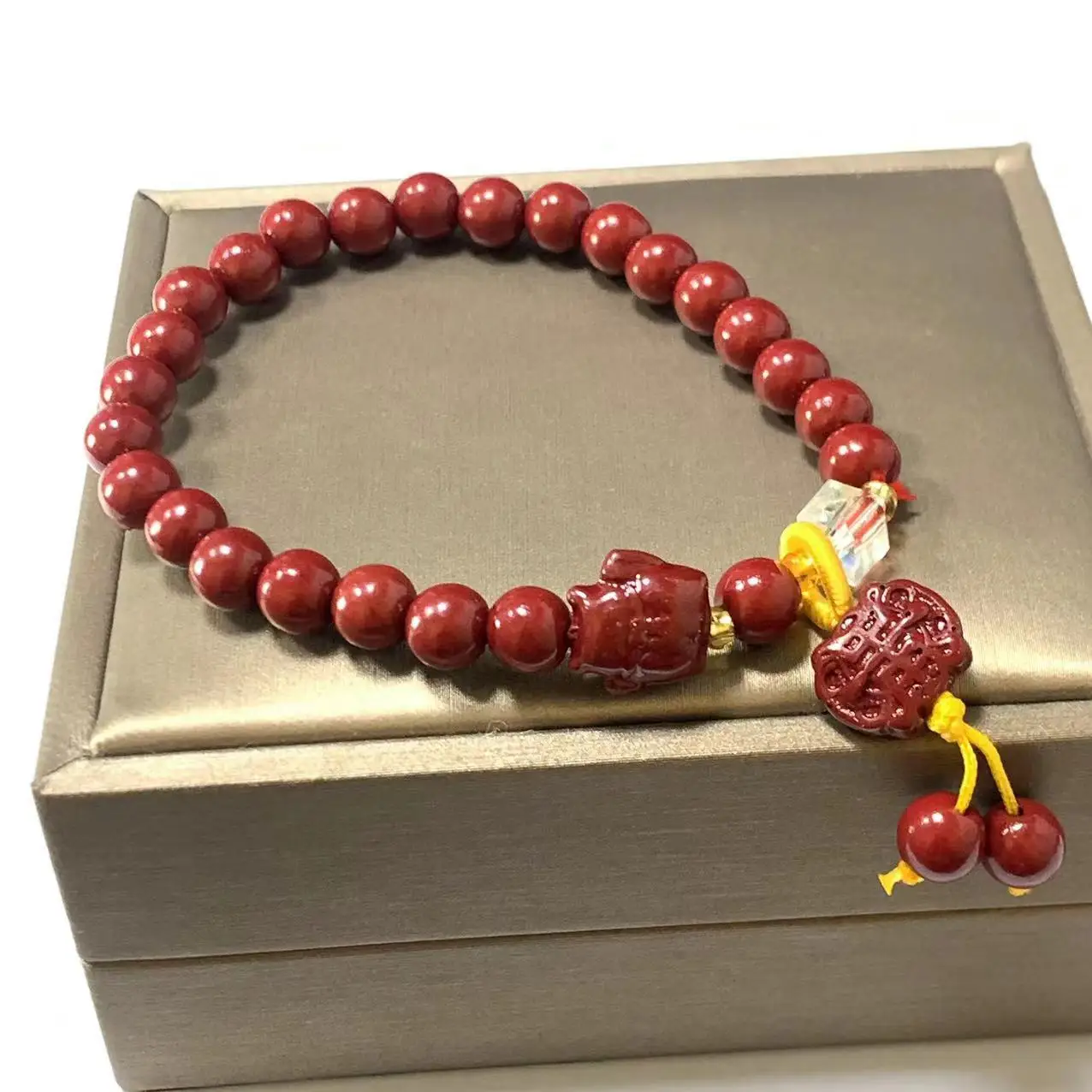 Cinnabar God of Wealth Lucky Bag Lion Dance Bracelet DIY Round Bead Bracelet Enlightenment Safe Lock Cinnabar Bracelet