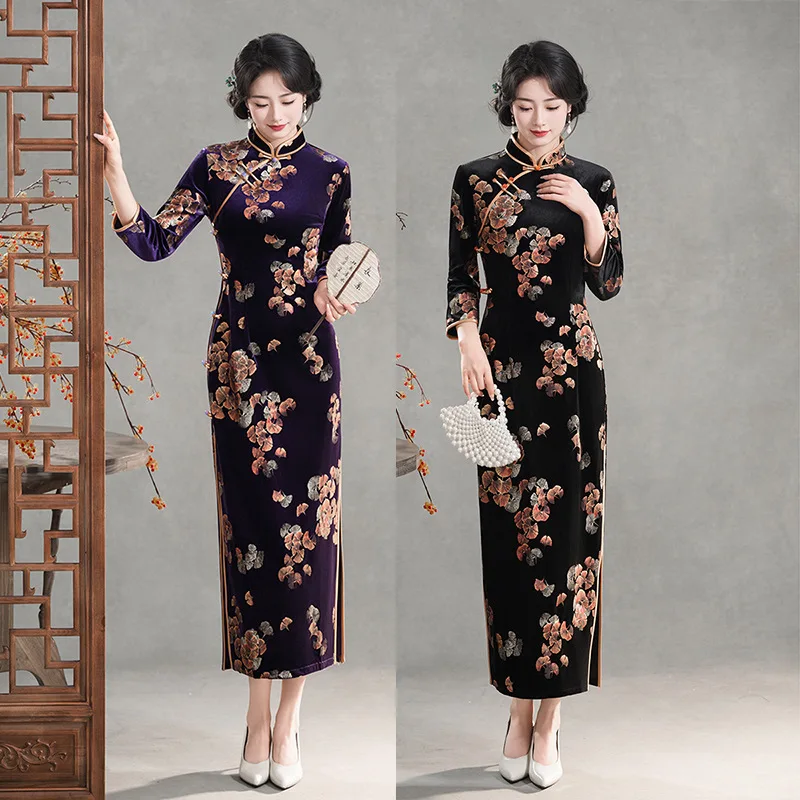 

Бархатное платье Cheongsam с длинными рукавами и принтом в китайском стиле, новинка 2025, облегающее осенне-зимнее платье в стиле ретро для молодых женщин, Qipao