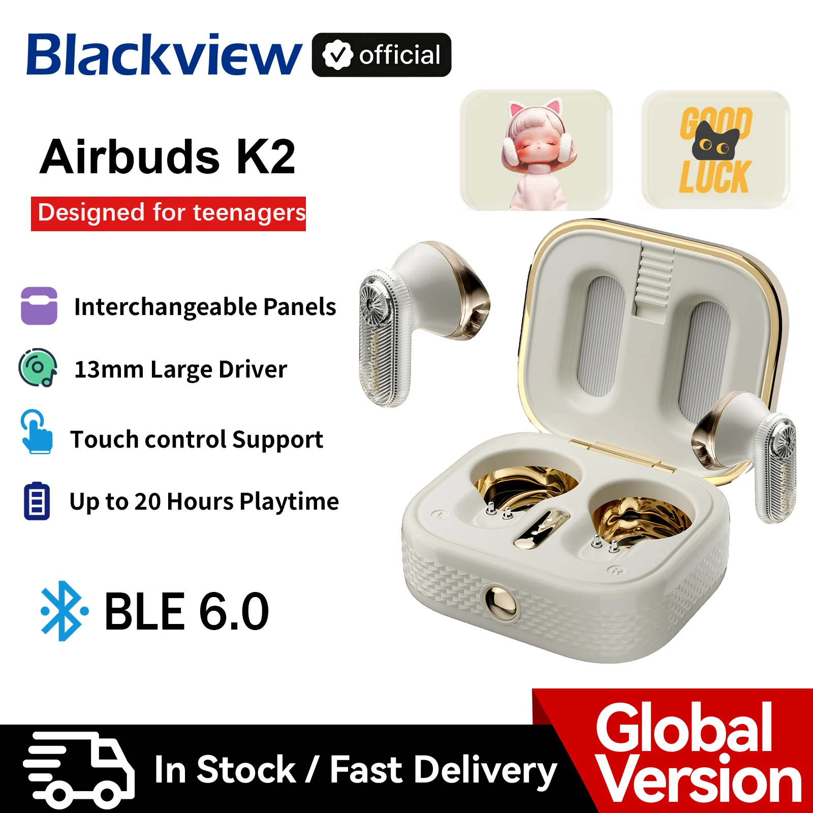 Blackview Airbuds K2 Kids Bluetooth Earphone Interchangeable Panels Volume Limiting Ear Protection for Online Study Music Girls