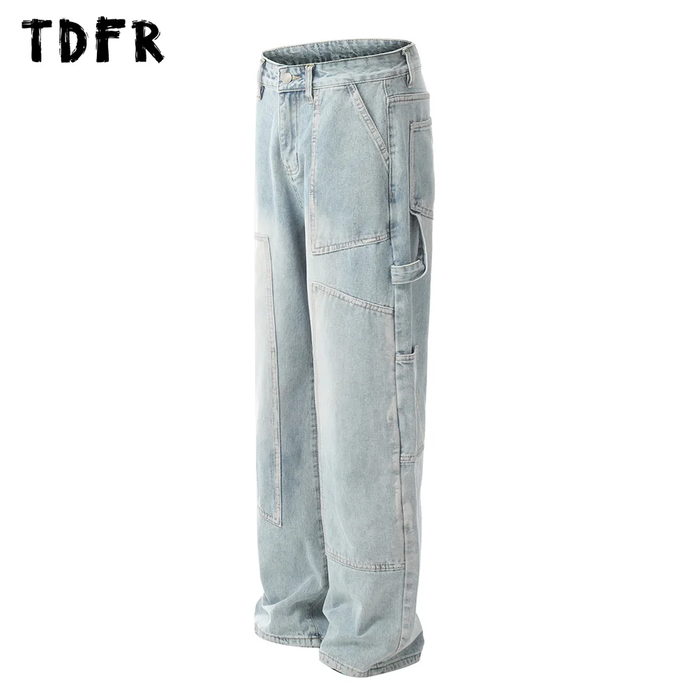 Double Knee Carpenter Denim Pants Mens Streetwear Straight Loose Wide Leg Washed Distressed Jeans Men Trousers