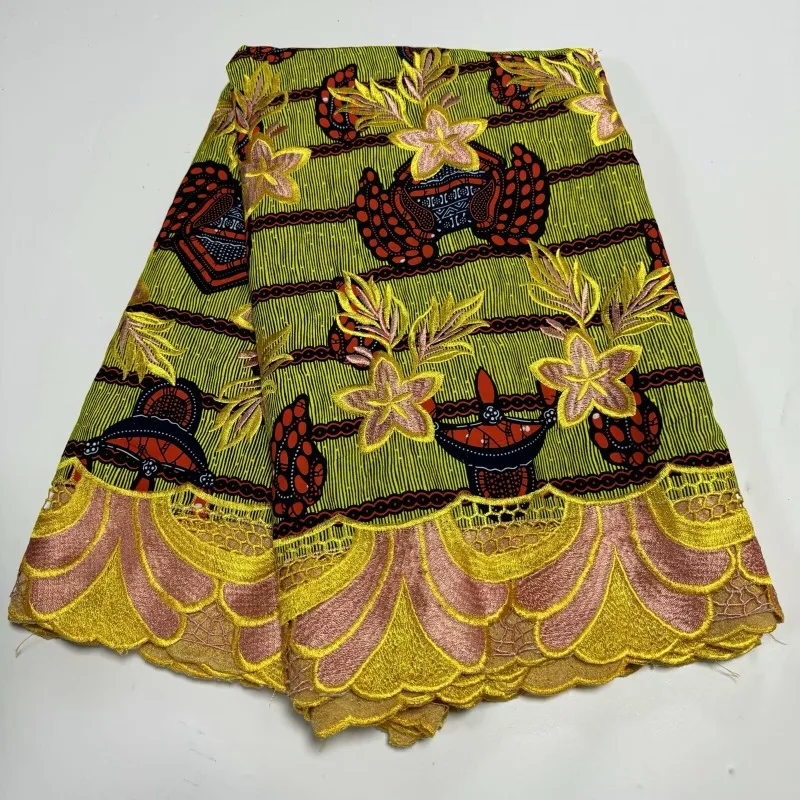 

African Wax with Cord Lace, Cotton Wax Prints Luxury Ankara Fabric Guipure Embroidery Women Dress Loincloth 6 Yards