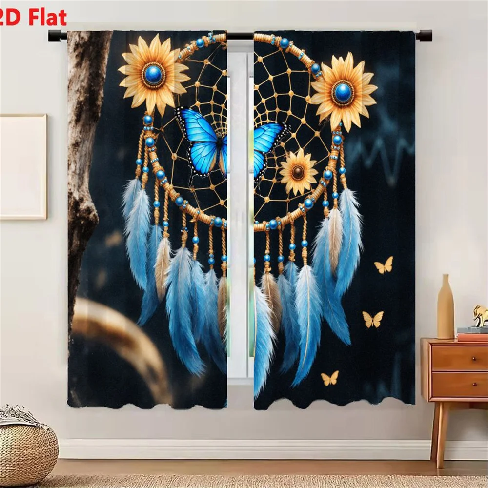 2Pcs Curtains 2D Flat Decorative Dreamcatcher Hanging From Tree Branch With Golden Thread Web Blue Beads Sunflower Motifs And Bl