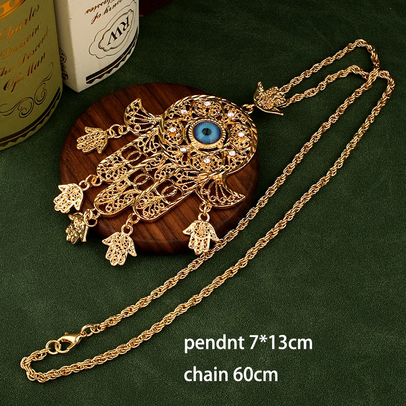 Herseygold Fatima Hand Pendant with Turkish Evil Eye Zinc Alloy Plated Gold Necklace for Women Muslim Ethnic Women Jewelry