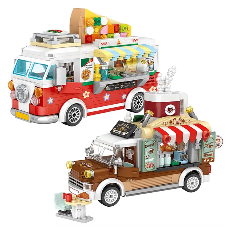 

City Street View Car Sales Shop Mini Building Blocks DIY Pizza Coffee Cart Assembled Ornaments for Adults and Children Toy Gifts