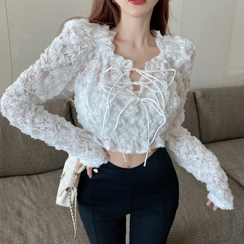 MiiiiX French Elegant Floral Lace Off-shoulder Shirt Women's Blouse Slim Slash Neck Lace-up Crop Top 2024 Autumn Female Clothes