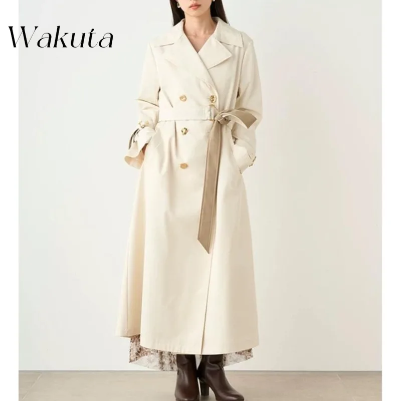 WAKUTA Japanese Elegant Lapel Long-sleeved Belted Trench Coat Fashion Double-breasted Belt PU Splicing Middle-length Y2k Jackets