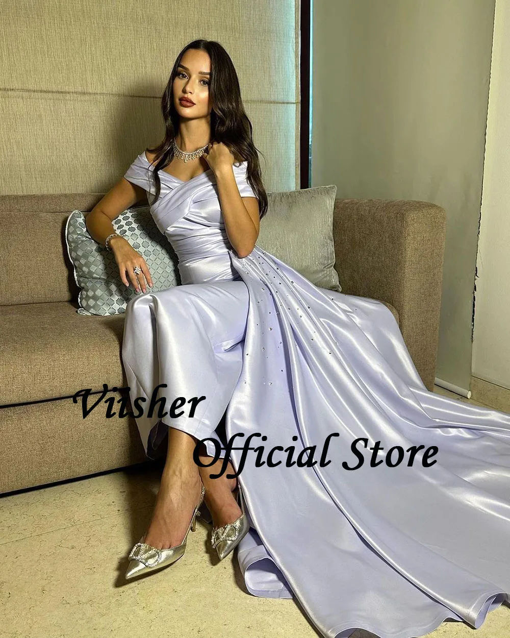 Viisher Lavender Meramid Evening Dresses Off Shoulder Beads Pleats Satin Tight Formal Prom Dress with Skirt Dubai Evening Gowns