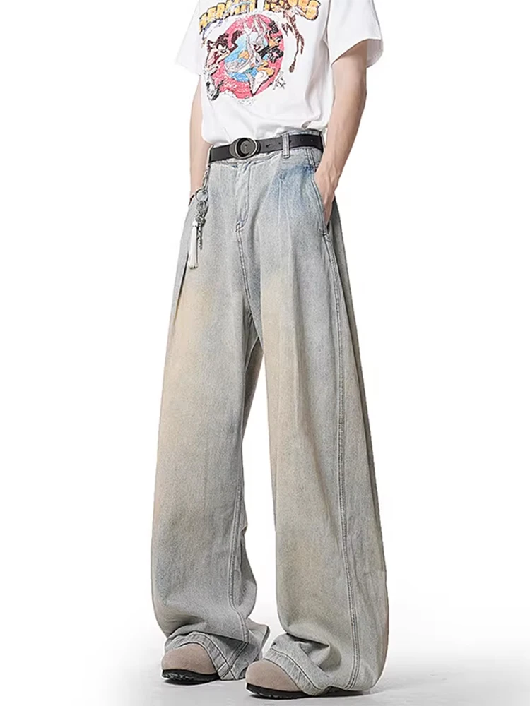 

Мужские джинсы в стиле ретро, американские, джинсовые, весна-осень, приталенные, плиссированные, повседневные, свободные, широкие штанины, длиной в пол, с эффектом потертости