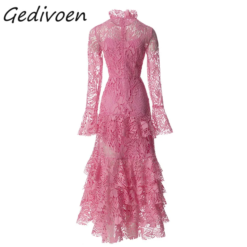 Gedivoen Summer Fashion Runway Elegant Pink Cake Dress Women O-Neck Embroidery Hollow Out Ruffles Splicing High Waist Long Dress