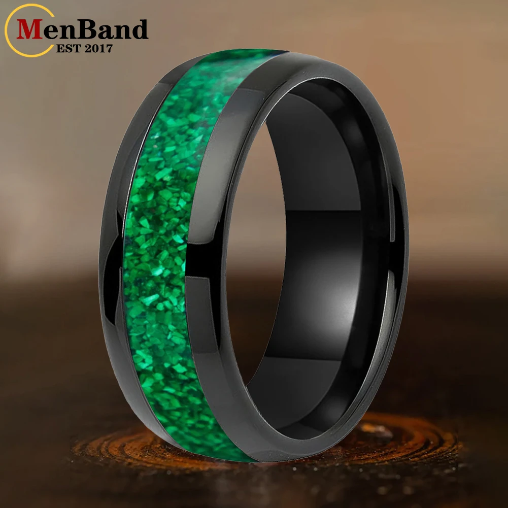 MenBand 6/8mm Engagement Promise Wedding Band for Men Women Green Opal Inlay Domed Tungsten Carbide Ring Comfortable Fit