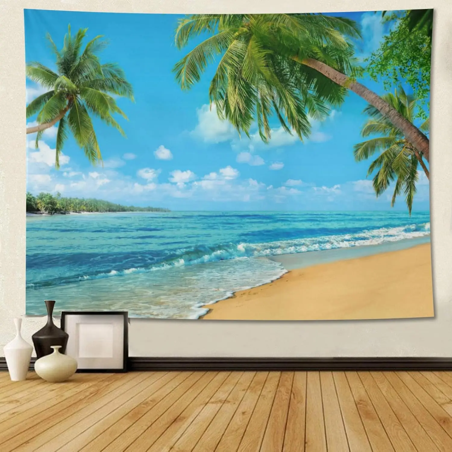 Ocean Beach Tapestry Wall Hanging Natural Landscape Tapestry Sky Seaside Tropical PalmTrees Island Tapestries Party Decor Banner