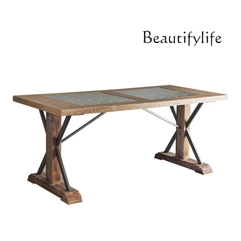 

American Industrial Style Retro Distressed Carved Dining Table Solid Wood Creative Office Guesthouse Decoration Table