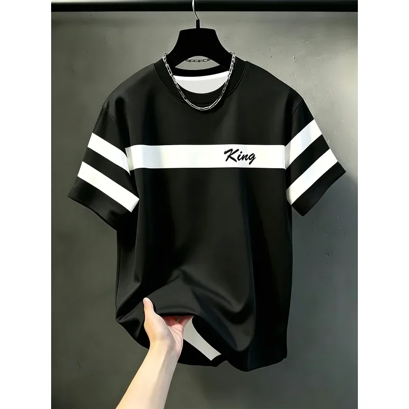 Men's Casual Crew Neck T-Shirt Contrasting Color Stitching KING Pattern Drape Fashion Top 2026 All Season Breathable Regular