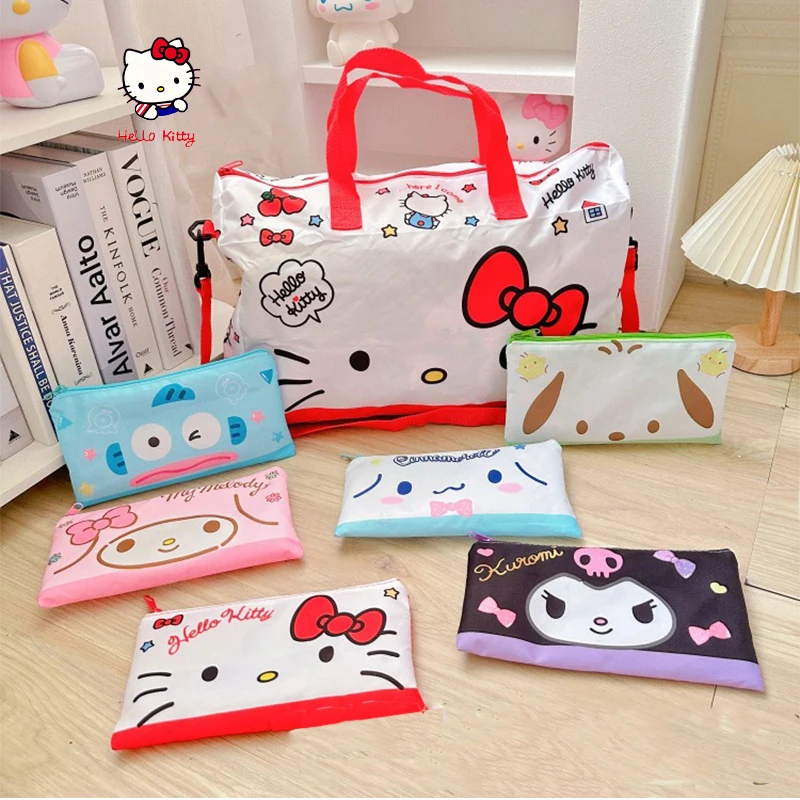 Practical Sanrio Hello Kitty Cute Rod Travel Bag Kawaii Kuromi Cinnamoroll Folding Zipper Large Capacity Waterproof Luggage Bag