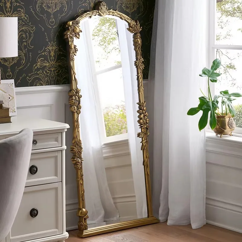 

Modern Home Luxury Decoration Full Body Carved Wood Frame Custom Size Wall Mounted Dresser Mirror Medieval Art Wall Hanging
