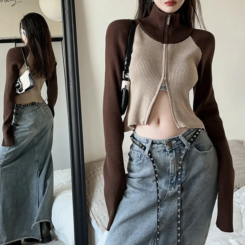 Tonngirls Grunge Patchwork Turtleneck Cardigans Y2k Vintage Knitted Coat Gothic Ribbed Swerater Korean Fashion Streetwear Winter